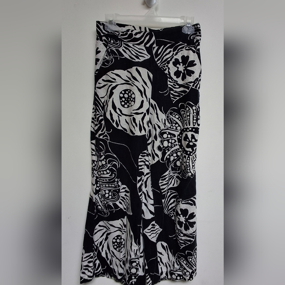 Christian Siriano Floral Black and White Wide Leg Linen/rayon Blend Pants